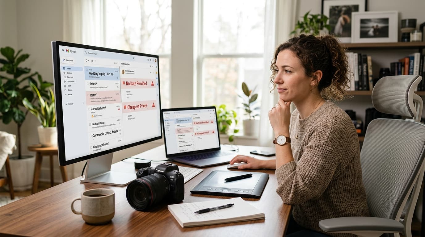 Photographer reviewing email inquiries and spotting red flags before responding
