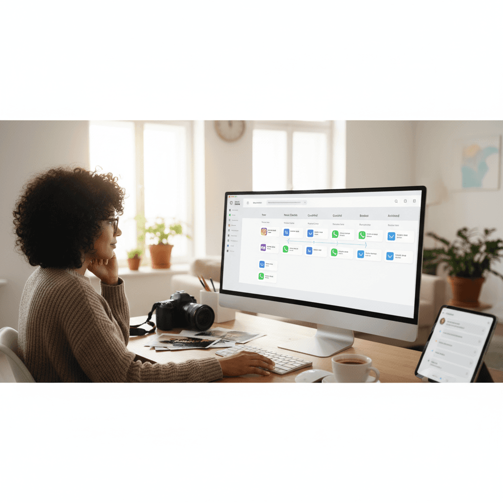 Photographer consolidating Instagram, WhatsApp, and email inquiries into one booking workflow without missing messages