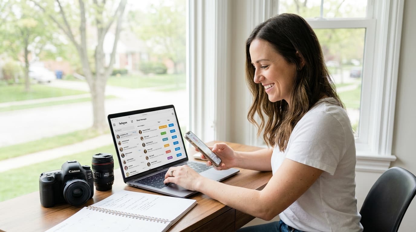 Photographer managing Instagram inquiries without staying in the app