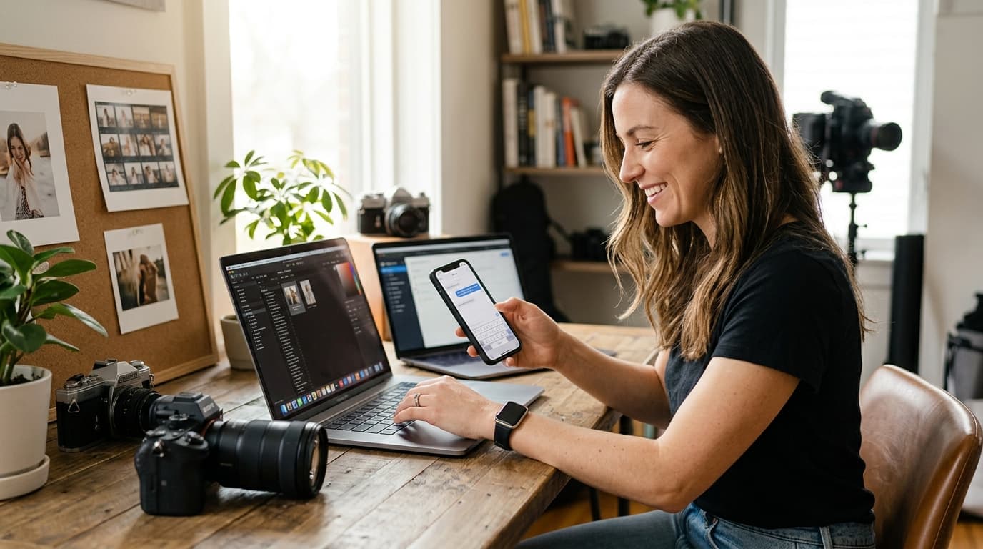 Photographer using AI-drafted client inquiry replies that match their brand voice