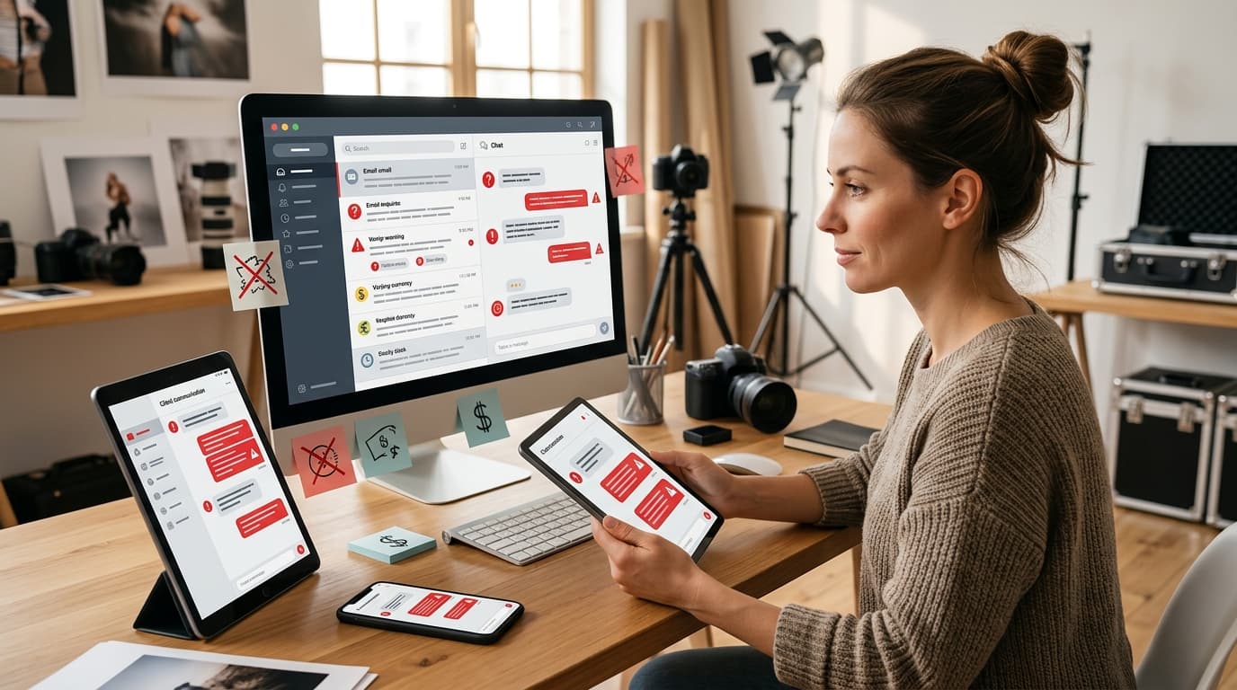 Photographer reviewing early inquiry red flags across messages and email