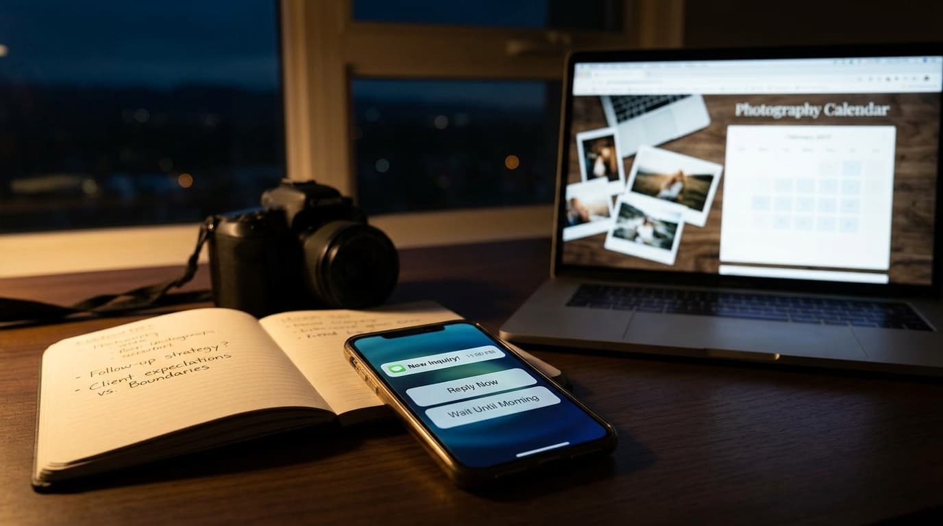 Photographer comparing whether to reply to late-night client inquiries immediately or wait until morning