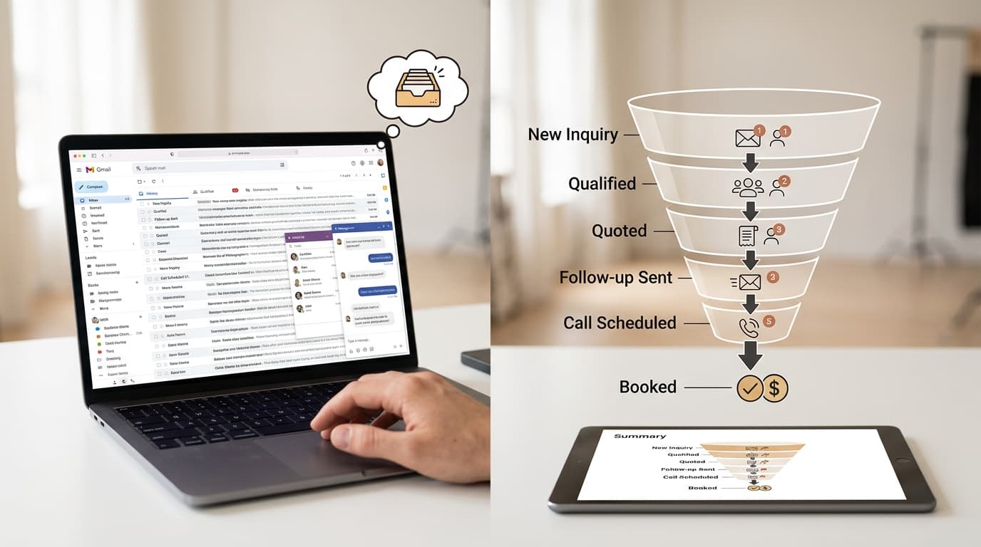 Photographer comparing inbox management with a sales funnel approach for client inquiries
