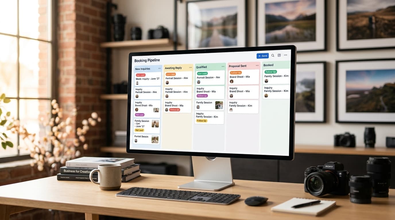 Kanban booking pipeline for photographers managing inquiries and leads