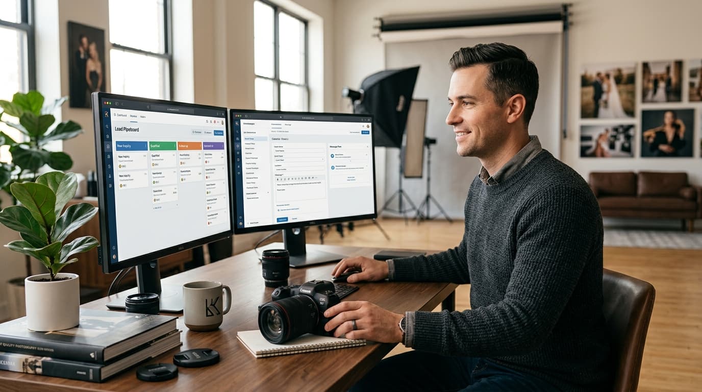 Photography business owner managing personalized automated inquiry responses across inboxes