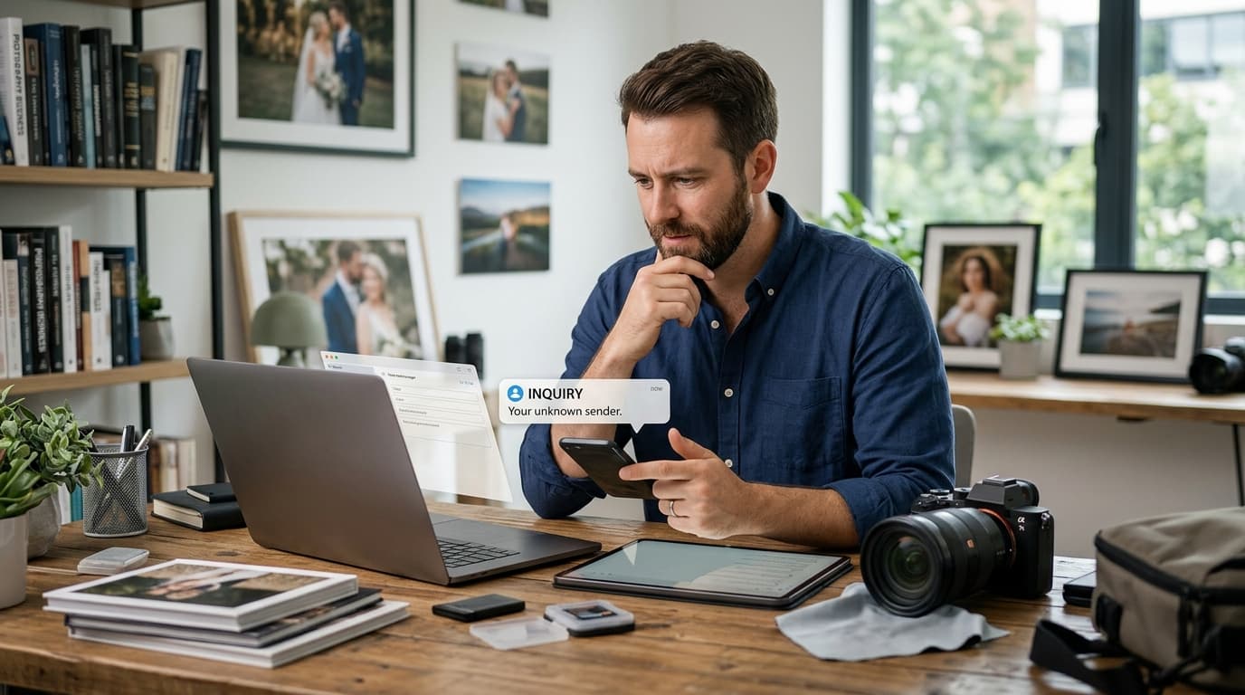 Photographer reviewing the first client inquiry message that impacts booking conversions
