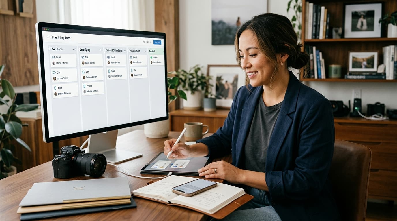 Photographer organizing client inquiries as a sales funnel