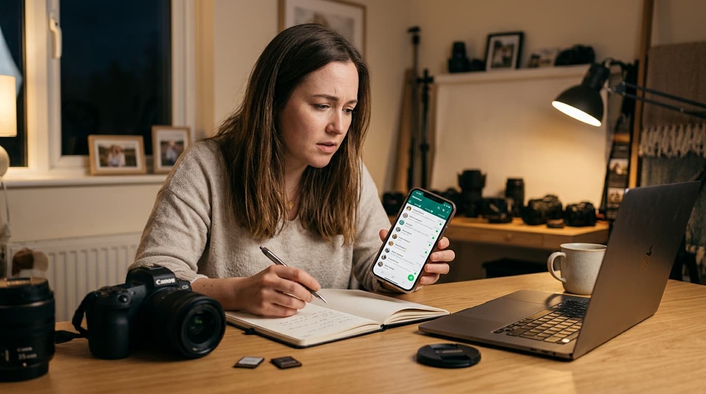 Photographer reviewing missed WhatsApp booking inquiries