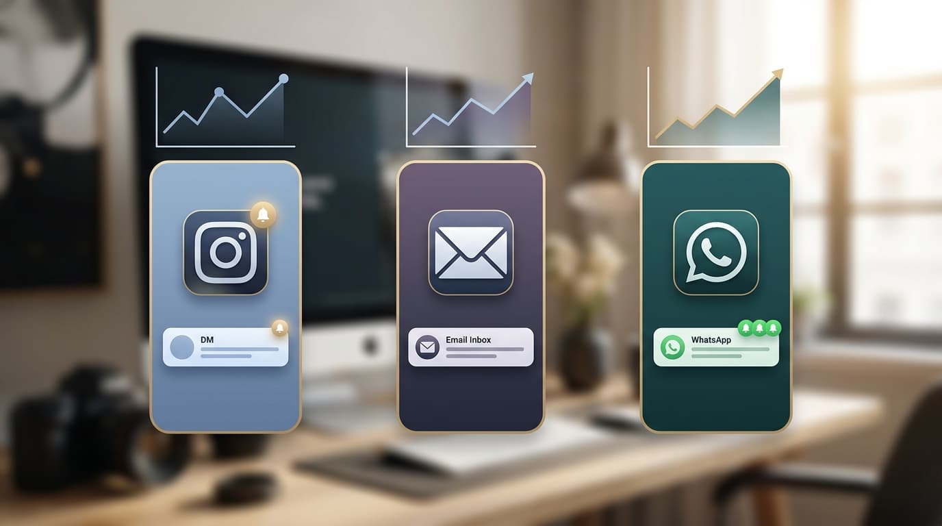 Comparison of photography inquiry channels including Instagram DM, email, and WhatsApp