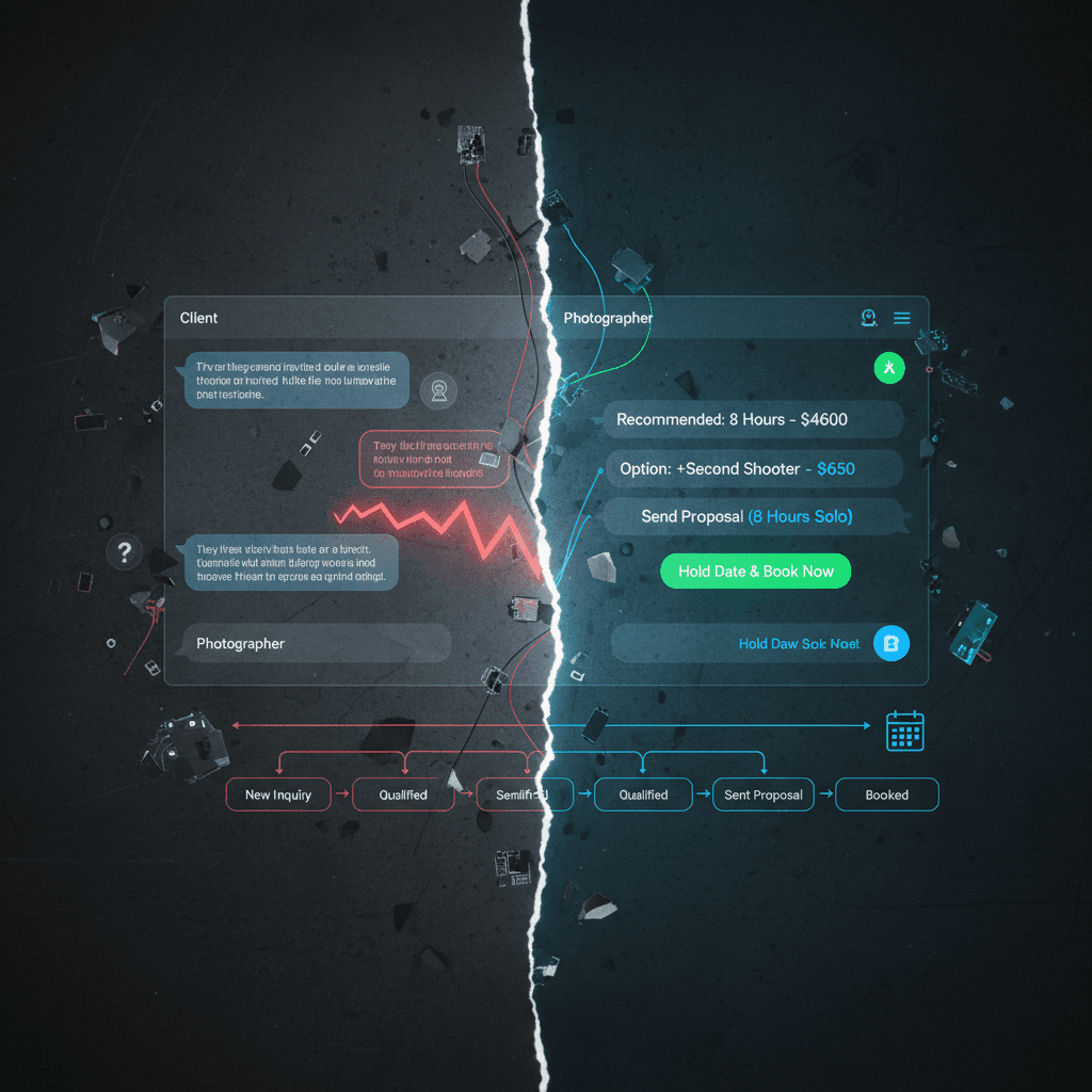 Teardown of a photography inquiry exchange showing where leads go cold and how to prevent ghosting